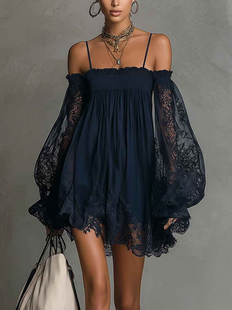 Sofía - Vestido Mini Azul Marino de Gasa con Hombros Descubiertos