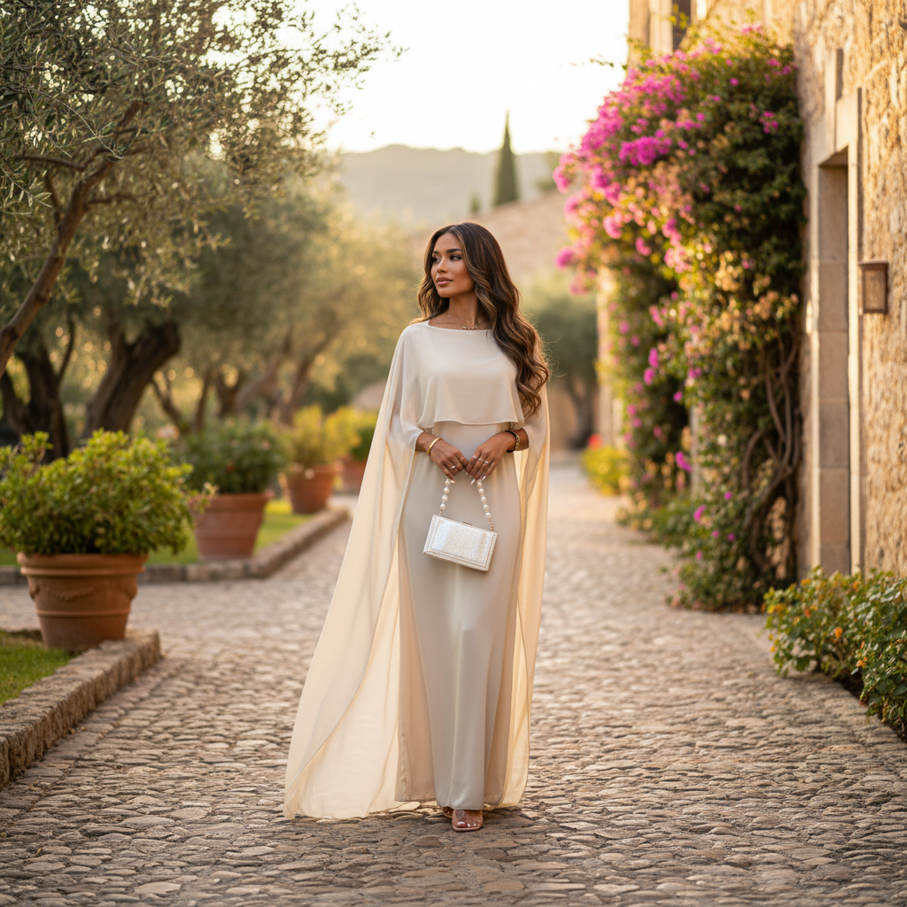 Charlotte | Vestido de Mujer para Invitada de Boda con Capa Drapeada y Ajuste Holgado | Elegante