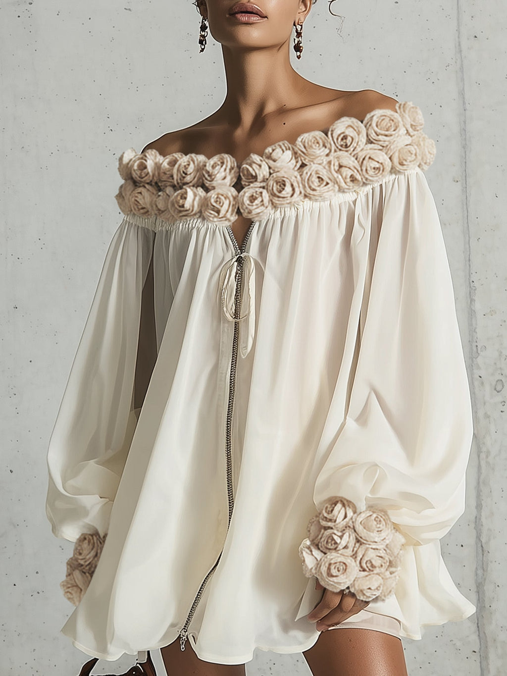 Emma - Vestido Mini Color Crema de Gasa con Flores 3D Decorativas y Cierre de Cremallera