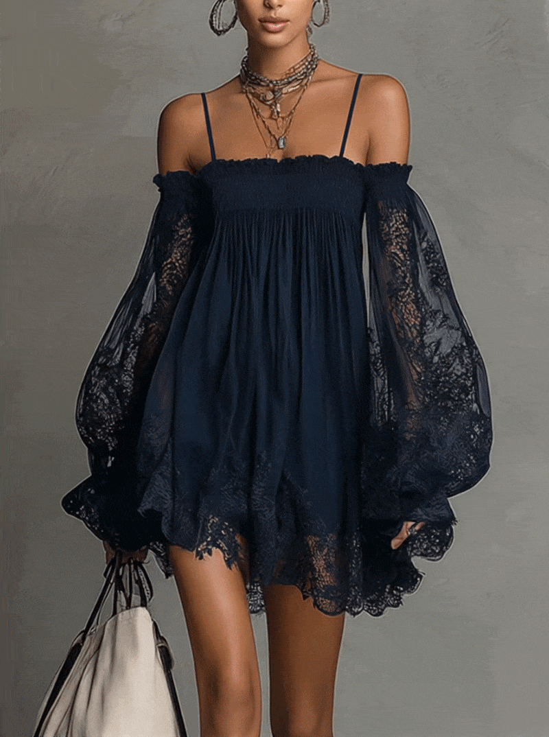 Sofía - Vestido Mini Azul Marino de Gasa con Hombros Descubiertos