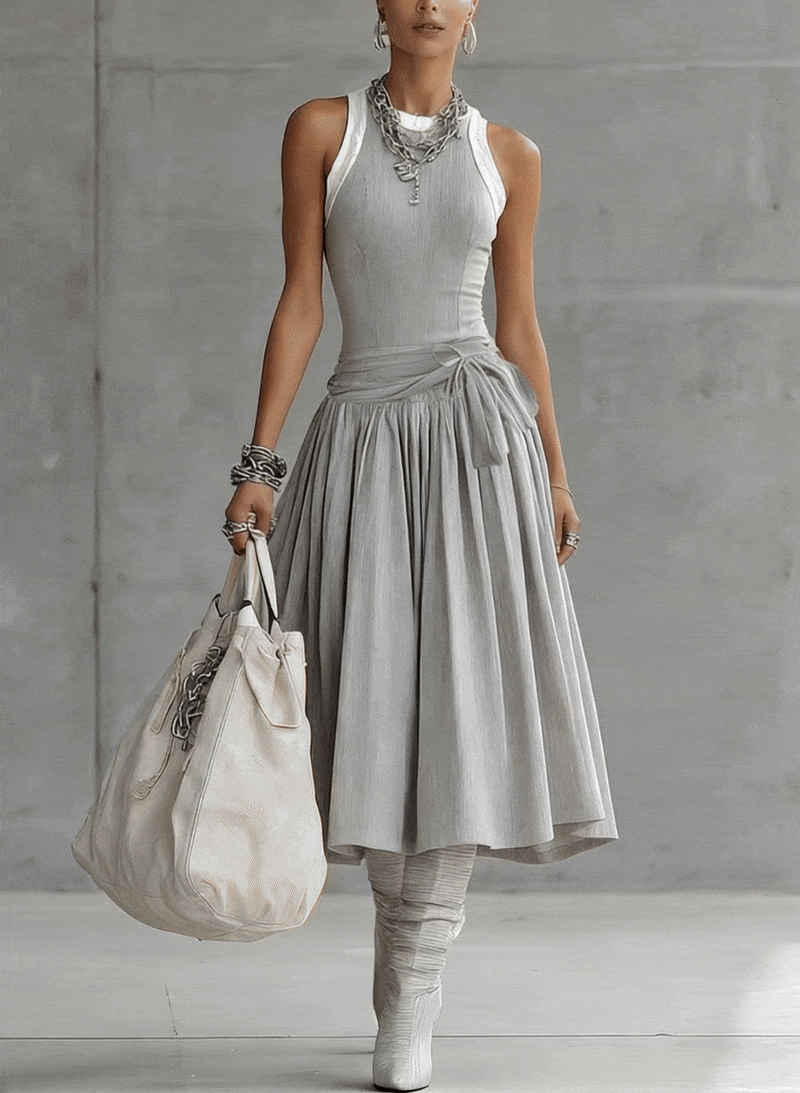 Ariana - Vestido Midi Gris con Cuerpo de Tirantes Acanalado y Falda Drapeada