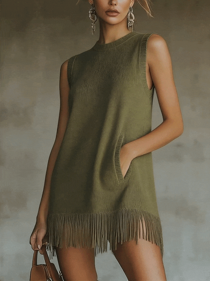 Martina - Vestido Mini de Punto Verde Oliva sin Mangas con Bajo de Flecos Decorativos