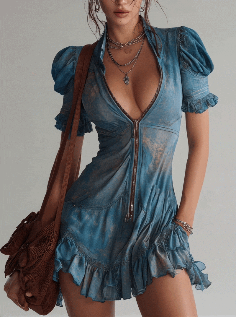 Aitana - Vestido Mini Azul de Gasa con Estampado Floral y Cierre de Cremallera
