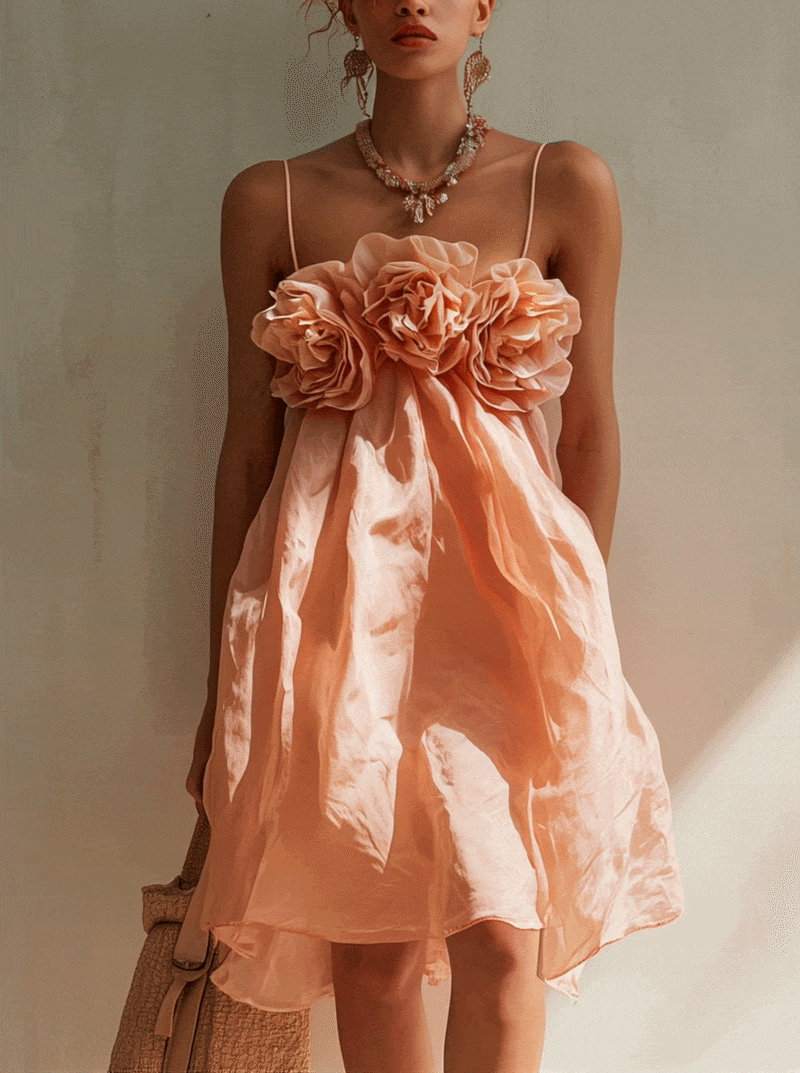 Sofía - Vestido Mini Rosa Empolvado de Algodón con Flores 3D Decorativas