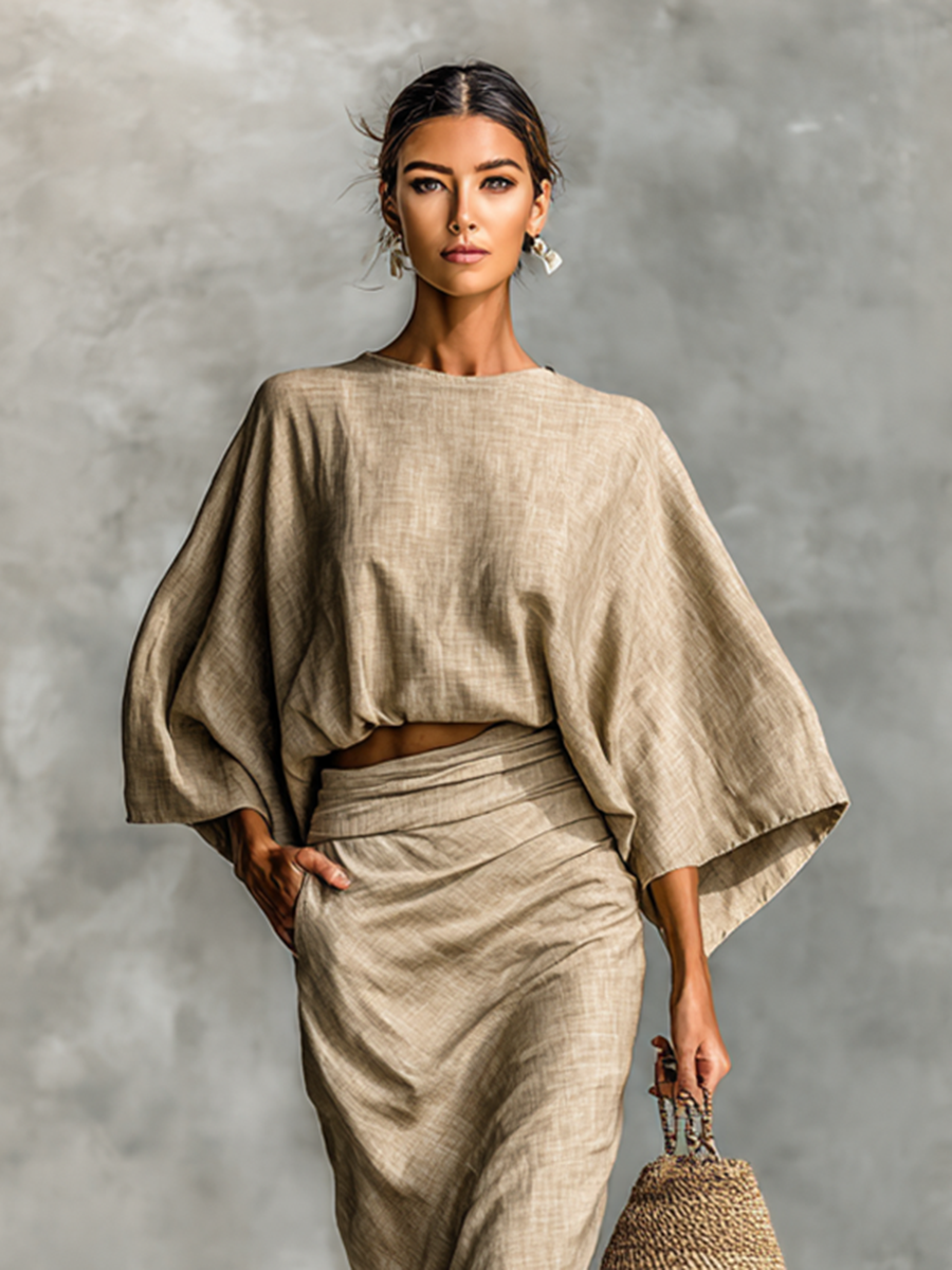 Sara | Conjunto de Dos Piezas con Top Suave de Manga Murciélago y Falda Maxi