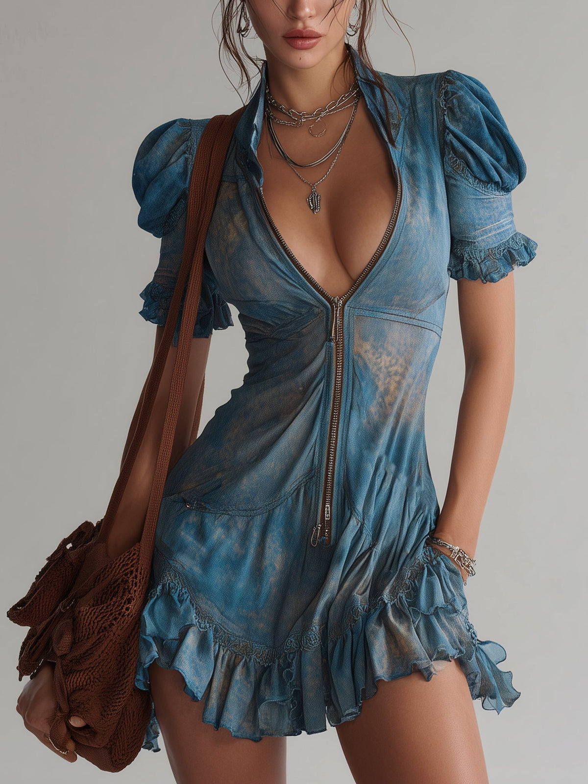 Aitana - Vestido Mini Azul de Gasa con Estampado Floral y Cierre de Cremallera