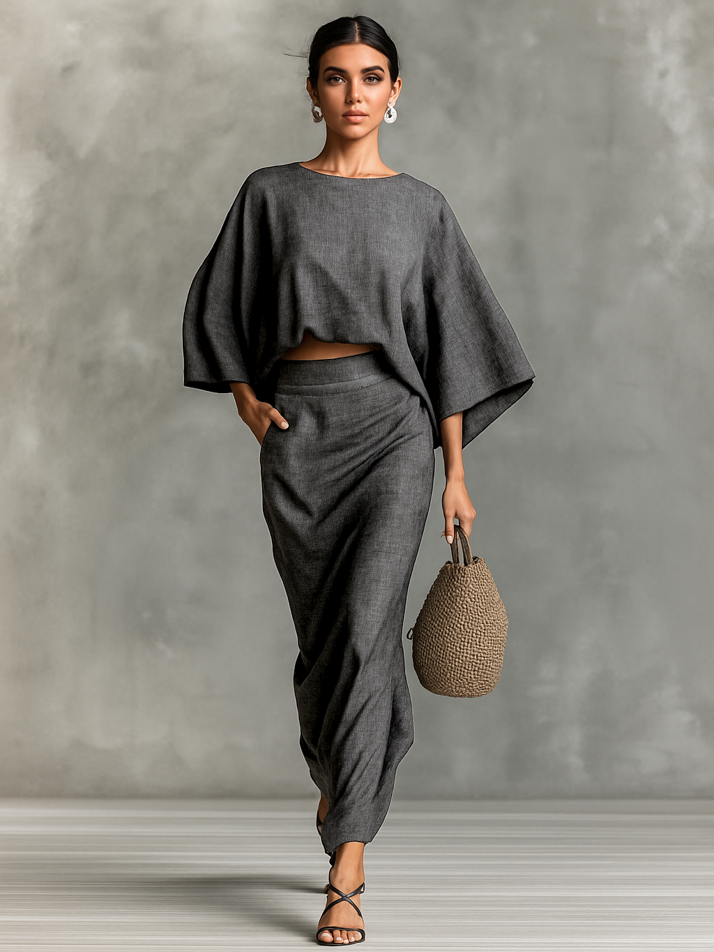 Sara | Conjunto de Dos Piezas con Top Suave de Manga Murciélago y Falda Maxi