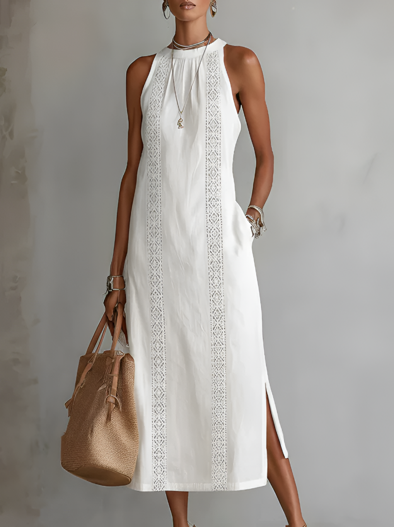 Jimena - Vestido Midi de Lino Con Cuello Mao