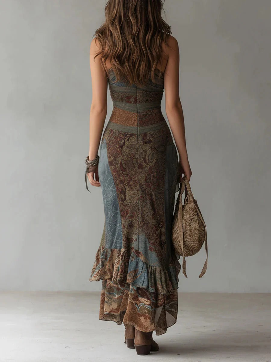 Zaira - Vestido Largo Fluido con Estampado Étnico y Corte Asimétrico