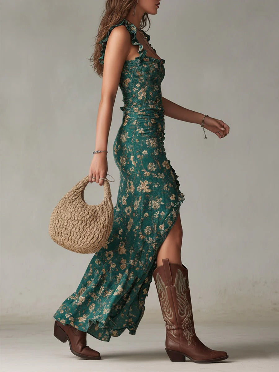 Zara - Vestido Maxi Boho Retro Con Mangas Fluidas y Abertura Lateral