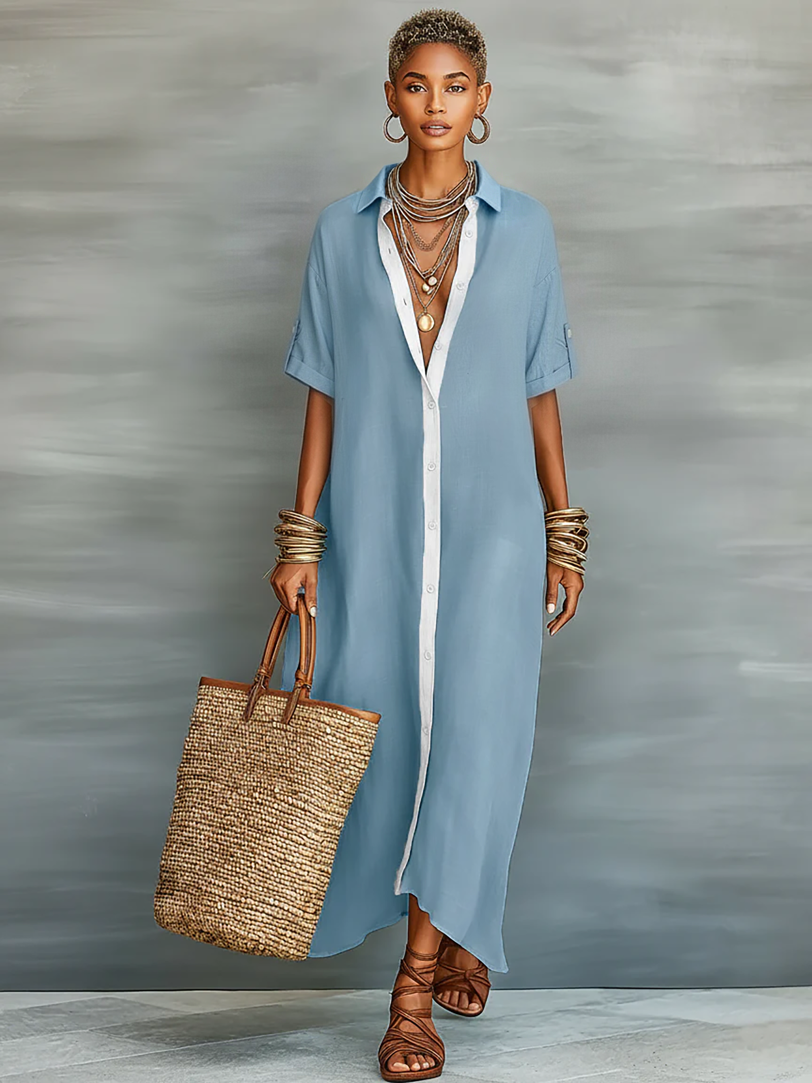 Esther | Vestido Camisero Maxi Minimalista para Mujer con Manga Corta