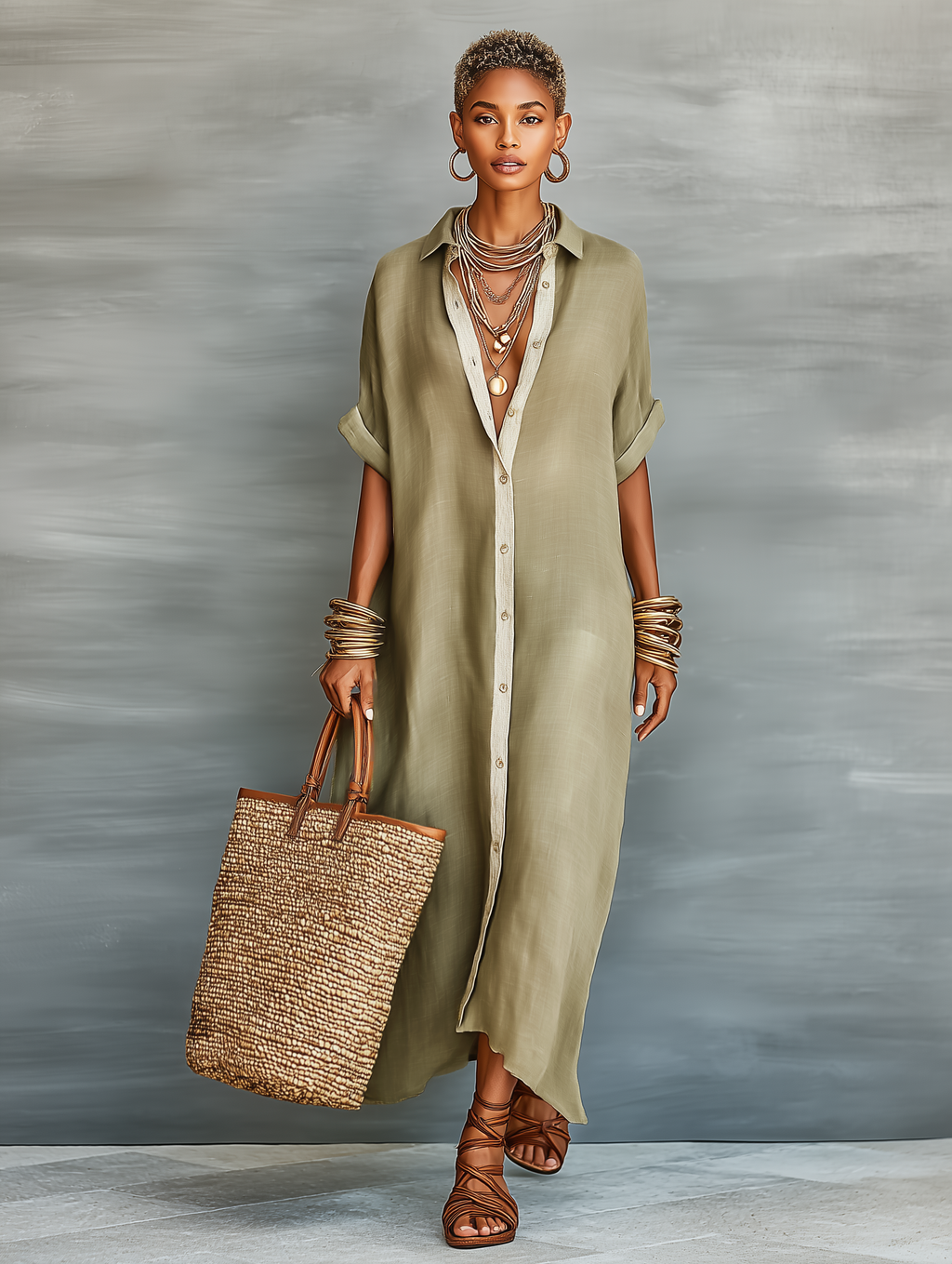Esther | Vestido Camisero Maxi Minimalista para Mujer con Manga Corta