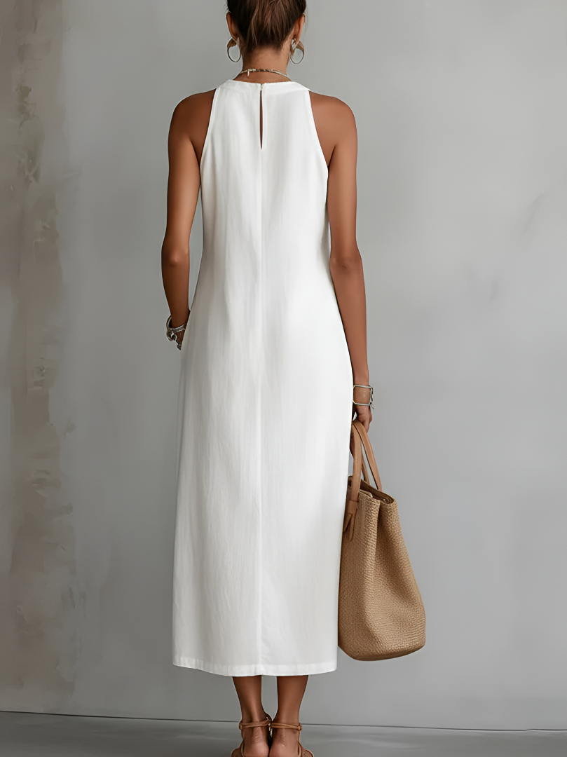Jimena - Vestido Midi de Lino Con Cuello Mao