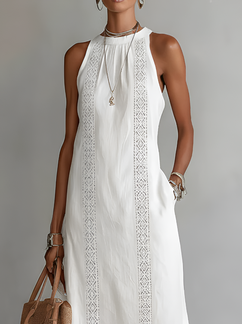 Jimena - Vestido Midi de Lino Con Cuello Mao