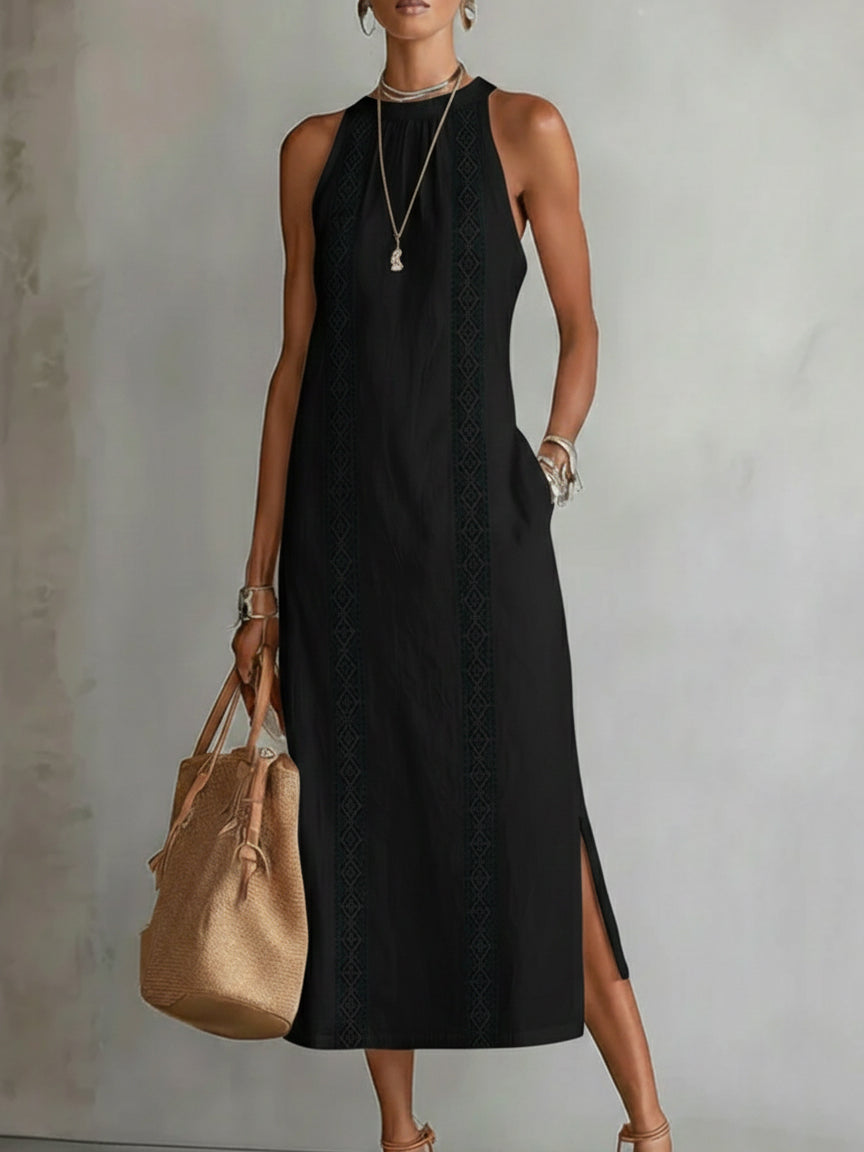 Jimena - Vestido Midi de Lino Con Cuello Mao