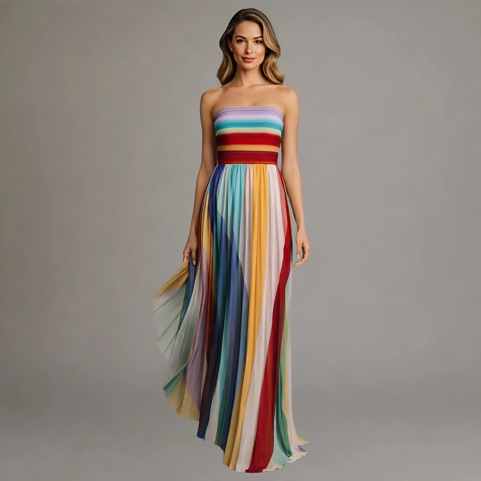 Alma | Vestido Largo Fluido Multicolor Con Escote Palabra de Honor